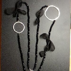 Vintage Black Glass Bead Chiffon Silver Long Necklace